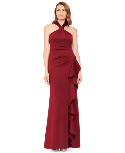 Betsy & Adam Petite Halter Ruffle-trim Gown In Red