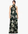 Betsy & Adam Petite "blake" Foil Knit High Halter Neck Floor Length Dress In Green