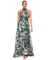 Betsy & Adam Petite High-neck Sleeveless A-line Gown In Green,gold