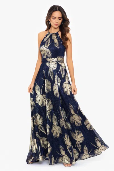 Betsy & Adam Petite "ilaria" Long Halter Foil Print Dress In Blue