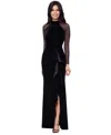 Betsy & Adam Petite Illusion-sleeve Velvet Gown In Black