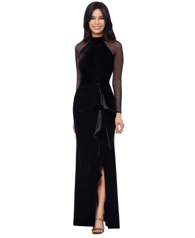 Betsy & Adam Petite Illusion-sleeve Velvet Gown In Black