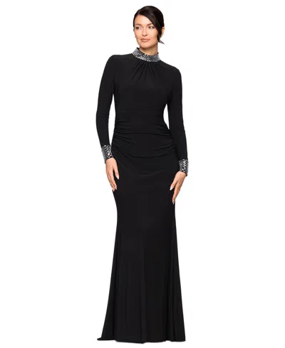 Betsy & Adam Petite Imani Mock Neck Embellished Long-sleeve Gown In Black