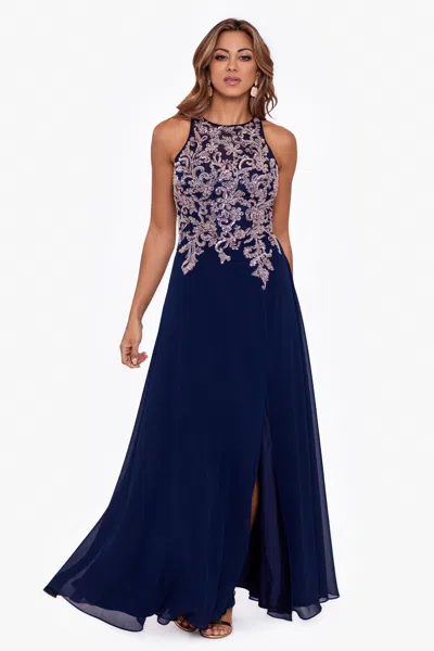 Betsy & Adam Petite "katie" Long Chiffon Beaded Halter Dress In Blue