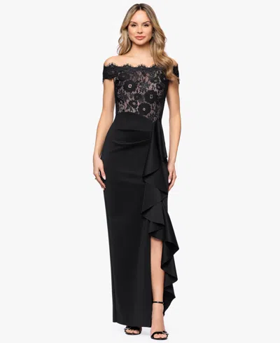 Betsy & Adam Petite Lace Off-the-shoulder Ball Gown In Black