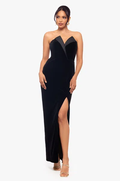 Betsy & Adam Petite "liliana" Long Velvet Strapless Tuxedo Dress In Black