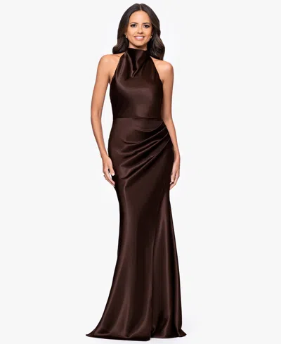 Betsy & Adam Petite Long Halter Dress In Brown