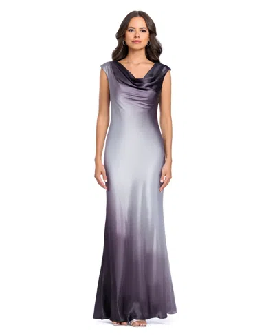Betsy & Adam Petite Long Ombre Drape Charm Cowl Neck Satin Gown In Gray