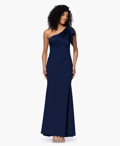 Betsy & Adam Petite Long Satin One Shoulder Ball Gown In Blue