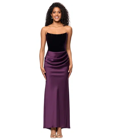 Betsy & Adam Petite Lynn Strapless Velvet Wedding Guest Gown In Purple