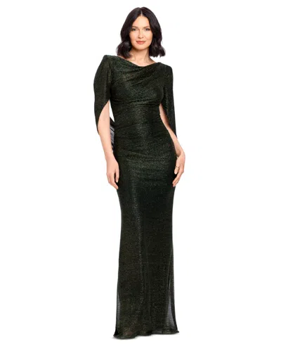 Betsy & Adam Petite Marisol Cowl-neck Metallic Cape-sleeve Gown In Black
