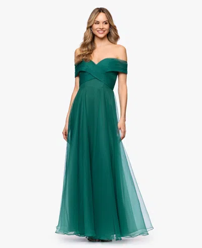 Betsy & Adam Petite Mesh Off-the-shoulder Ball Gown In Green