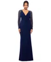 Betsy & Adam Petite Mesh-sleeve V-neck Evening Gown In Navy,silver