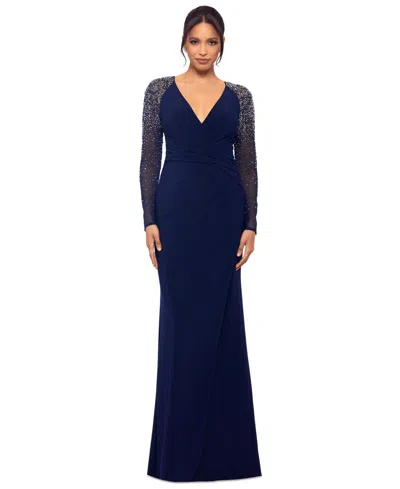 Betsy & Adam Petite Mesh-sleeve V-neck Evening Gown In Navy,silver