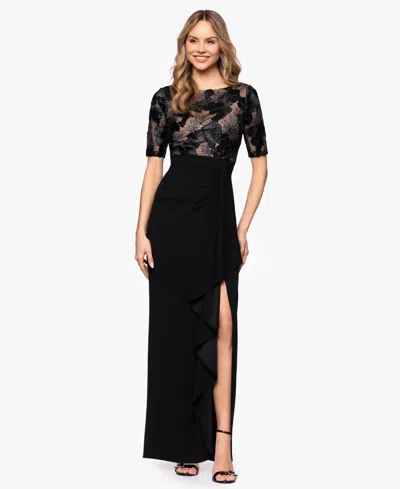 Betsy & Adam Petite Mixed Media Ruffle Ball Gown In Black