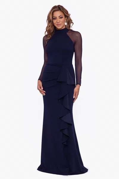 Betsy & Adam Petite "natalie" Long Mock Neck Mesh Sleeve Dress In Blue