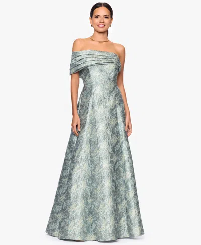 Betsy & Adam Petite Off-the-shoulder A-line Long Dress In Blue