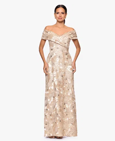 Betsy & Adam Petite Off-the-shoulder A-line Long Gown In Gold