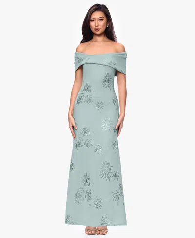 Betsy & Adam Petite Off-the-shoulder Ball Gown In Blue