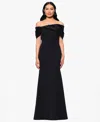 Betsy & Adam Petite "michelle" Scuba Crepe Off The Shouler Taffeta Trim Floor Length Dress In Black