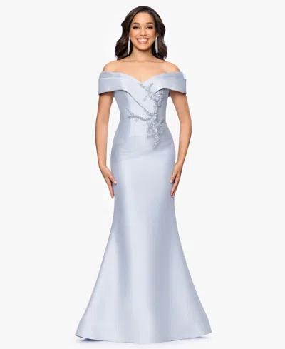 Betsy & Adam Petite Off-the-shoulder Fit & Flare Gown In Blue