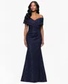 Betsy & Adam Petite "dolly" Jacquard Off The Shoulder Floor Length Dress In Blue