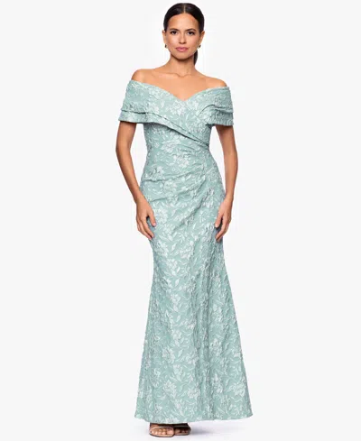 Betsy & Adam Petite Off-the-shoulder Long Sheath Dress In Blue