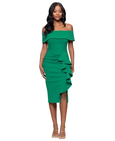 BETSY & ADAM PETITE OFF-THE-SHOULDER RUFFLE SHEATH DRESS