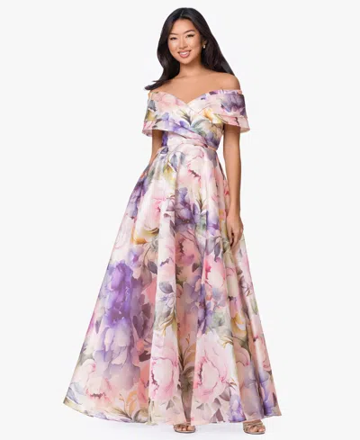Betsy & Adam Petite Off-the-shoulder Ball Gown In Multi