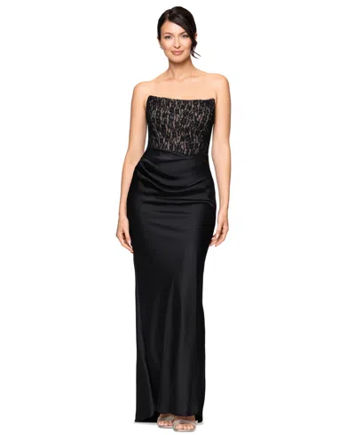 Betsy & Adam Petite Off-the-shoulder Lace Ruched Gown In Black