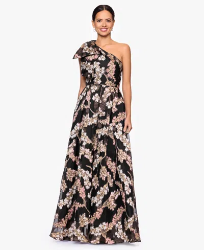 Betsy & Adam Petite One Shoulder Floral Print Long Dress In Black