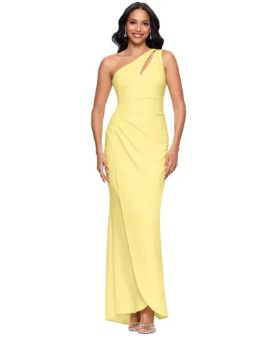 Betsy & Adam Petite One-shoulder Ruched Gown In Lemon