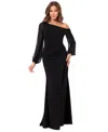 Betsy & Adam Petite One-shoulder Sheer-sleeve Evening Gown In Black