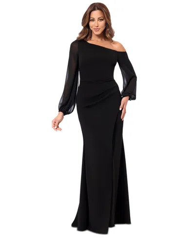 BETSY & ADAM PETITE ONE-SHOULDER SHEER-SLEEVE EVENING GOWN
