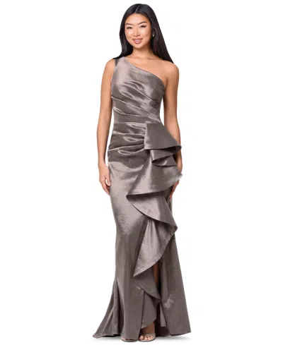 Betsy & Adam Petite One-shoulder Ball Gown In Mocha