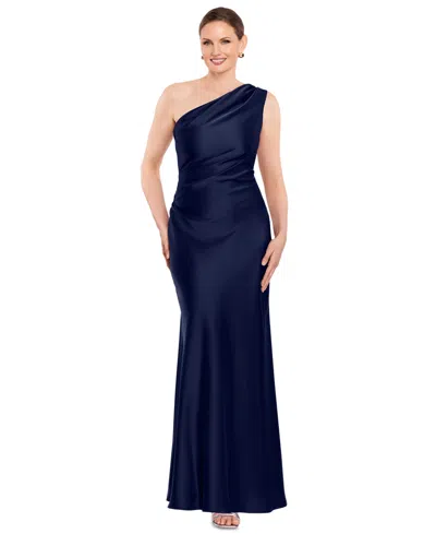 Betsy & Adam Petite One-shoulder Sheath Gown In Blue