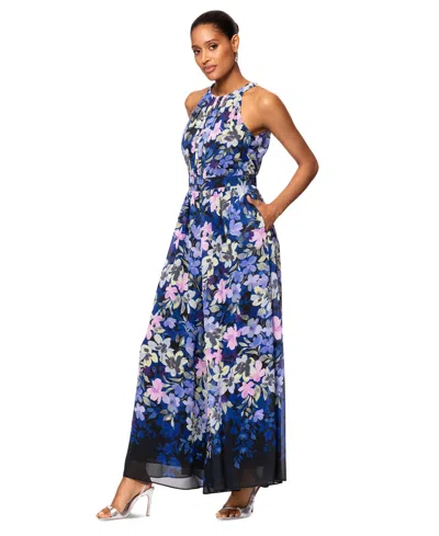 Betsy & Adam Petite Printed Halter Sleeveless Wide-leg Jumpsuit In Black,blue