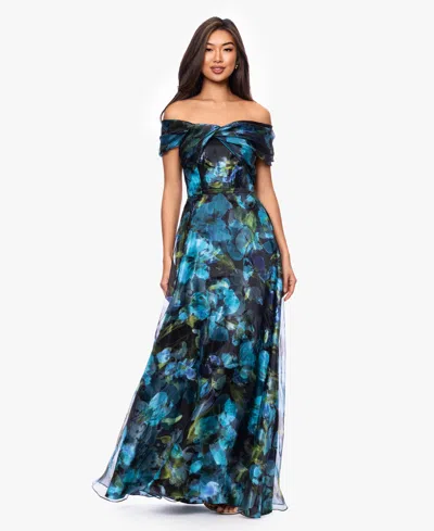 Betsy & Adam Petite Printed Off-the-shoulder Ball Gown In Multi