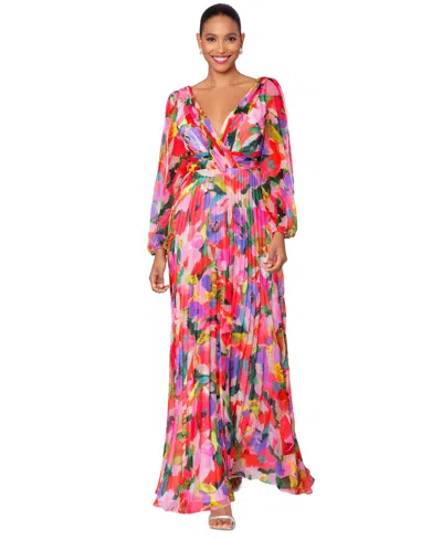 Betsy & Adam Petite Printed Pleated Chiffon Dress In Multi