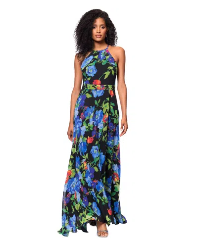 Betsy & Adam Petite Printed Pleated Sleeveless Dress In Black Multi