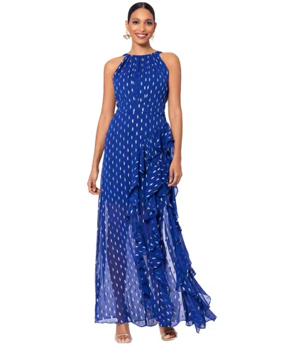 Betsy & Adam Petite Printed Ruffled Halter Gown In Blue