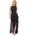 BETSY & ADAM PETITE PRINTED RUFFLED HALTER GOWN