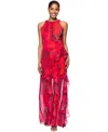 Betsy & Adam Petite Printed Ruffled Halter Gown In Red Multi