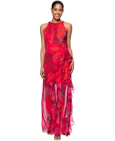 Betsy & Adam Petite Printed Ruffled Halter Gown In Red Multi