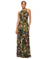 Betsy & Adam Petite Printed Ruffled Halter-neck Gown In Black,red