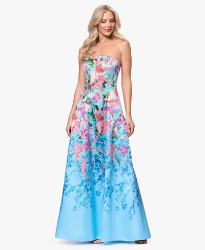Betsy & Adam Petite Printed Strapless Ball Gown In Multi