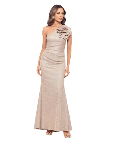 BETSY & ADAM PETITE ROSETTE ONE-SHOULDER GOWN
