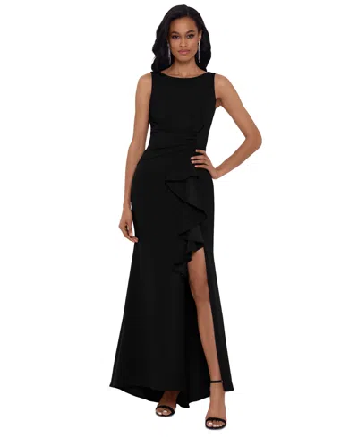 Betsy & Adam Petite Ruffled Boat-neck Gown In Black