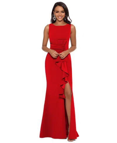 Betsy & Adam Petite Ruffled Boat-neck Gown In Red