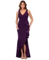 Betsy & Adam V-neck Cascade Ruffle High-low Gown In Purple